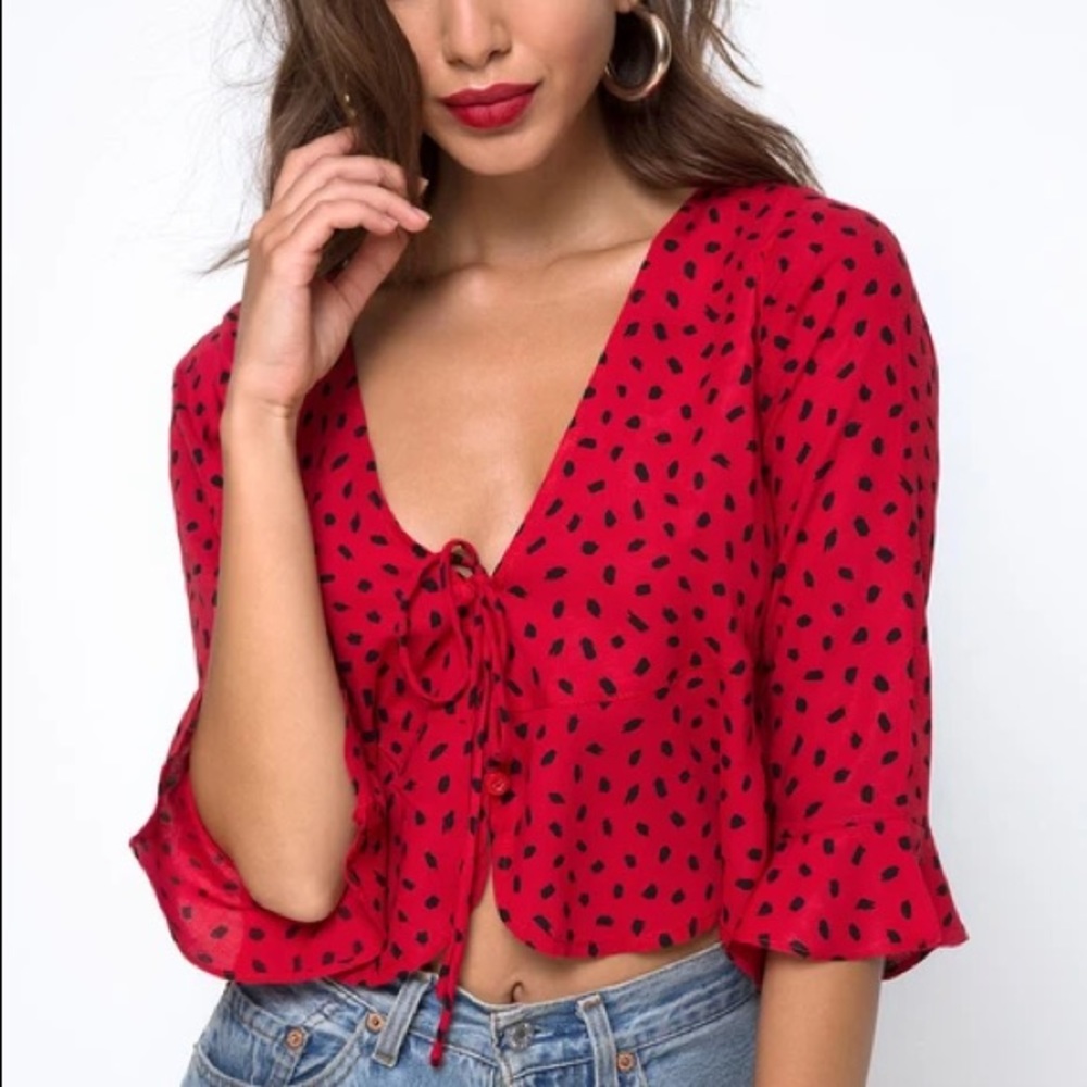 MOTEL ROCKS Red Black Dot Plunge Ruffle Crop Top